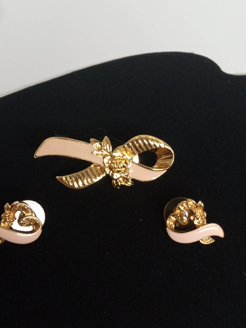 Gold & Blush Ribbon Floral Brooch (Pin) and Earring Set